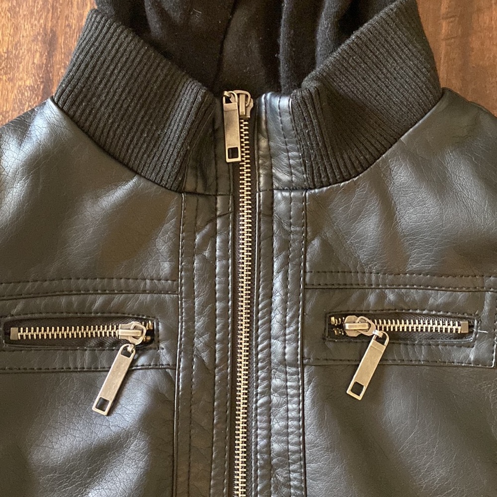 Kid’s Faux Leather/Cotton Jacket with Hood, Size Medium - Picture 2 of 8